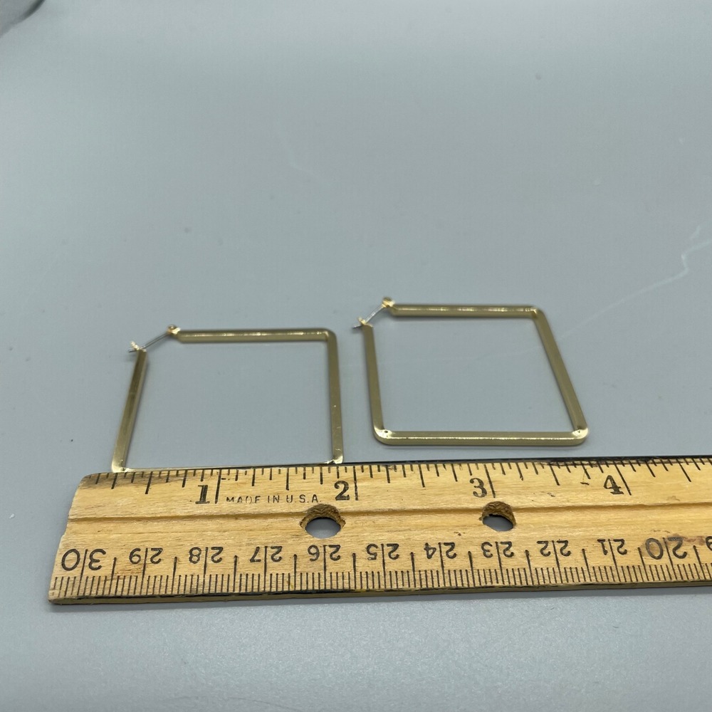 Gold Tone Geometric Square Diamond Hoop Earrings Large Flat Edge Statement - Picture 4 of 5